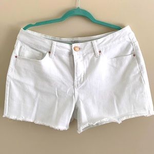 White Mid Rise Distressed Denim Shorts